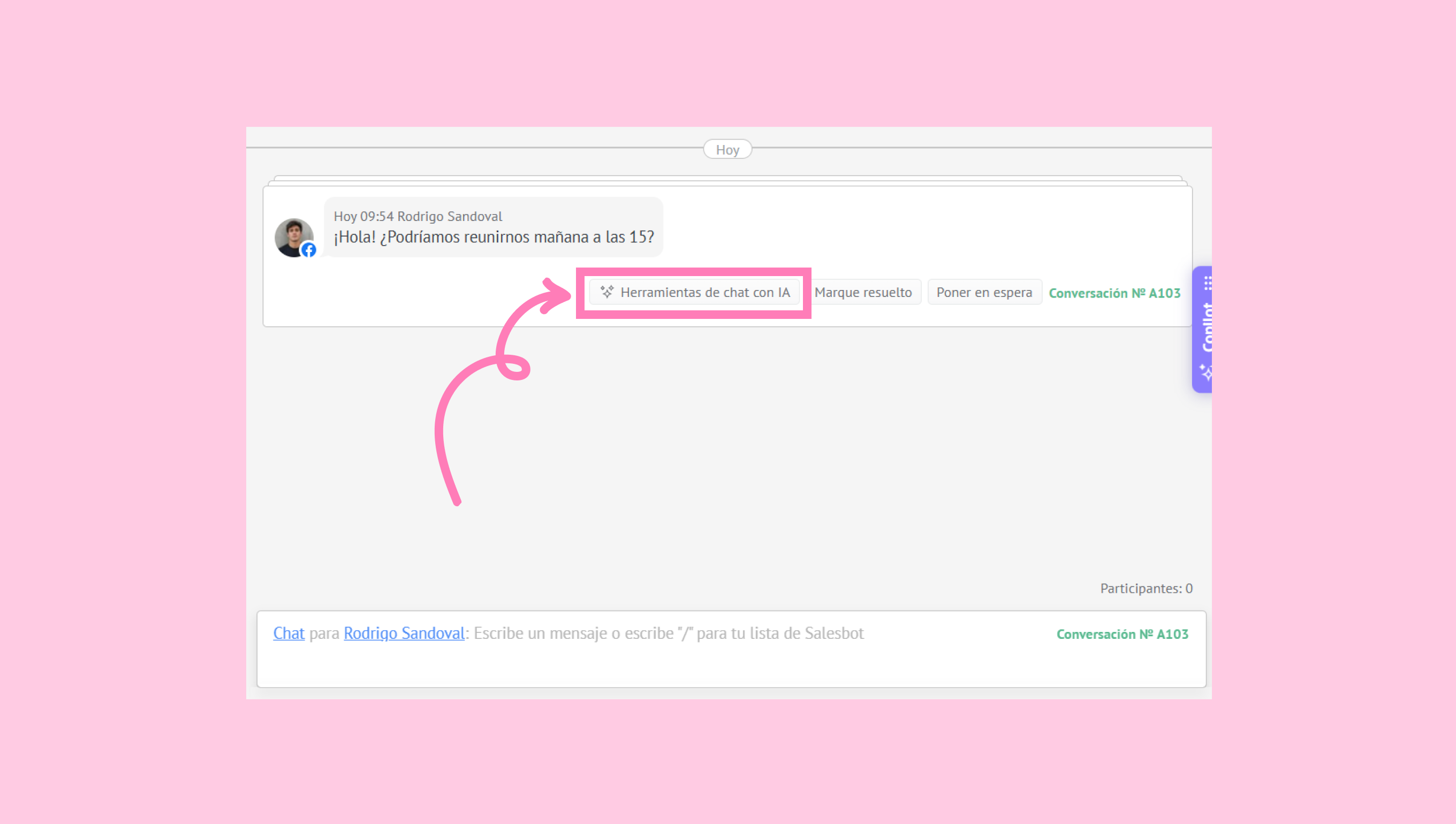 Chat interface showing a message and highlighted AI chat tools option.